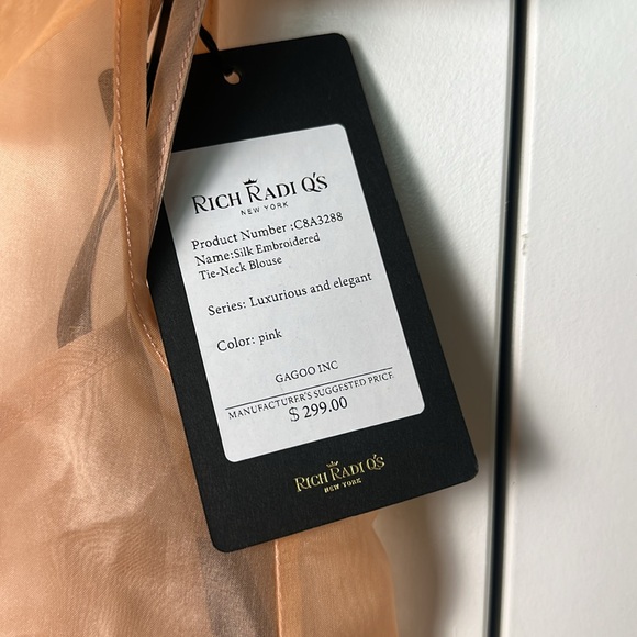 RICH RADI Q'S NEW YORK Silk Peach Embroidered Tie-Neck Blouse Size Medium - Picture 3 of 8